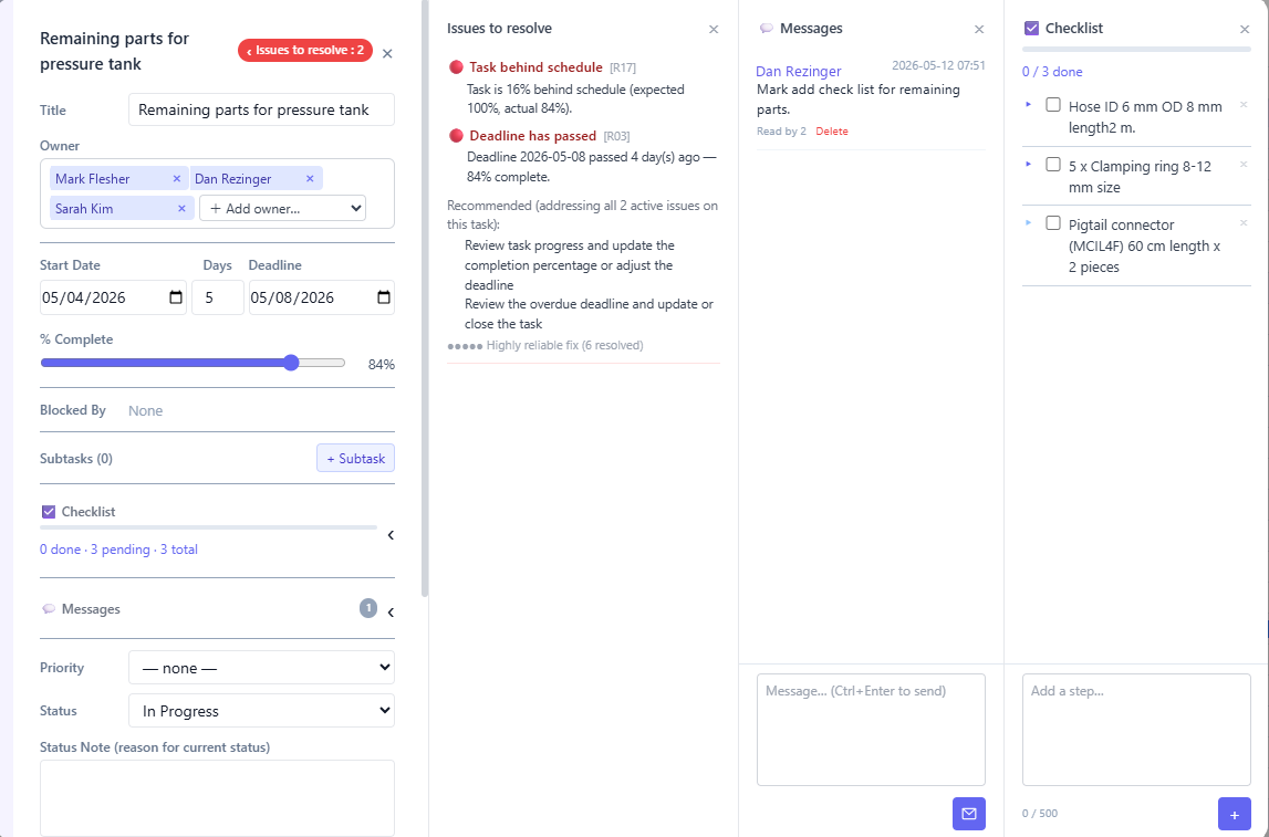 S-BIZ task modal showing violations and recommendations